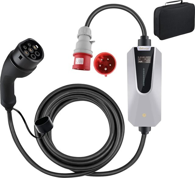 Junsun Tragbare EV Ladestation Typ 2 11kW 3P 16A mit Smart Life App, 1.3 Zoll LCD Display und 6M CEE Stecker in Weiß - Bild 1
