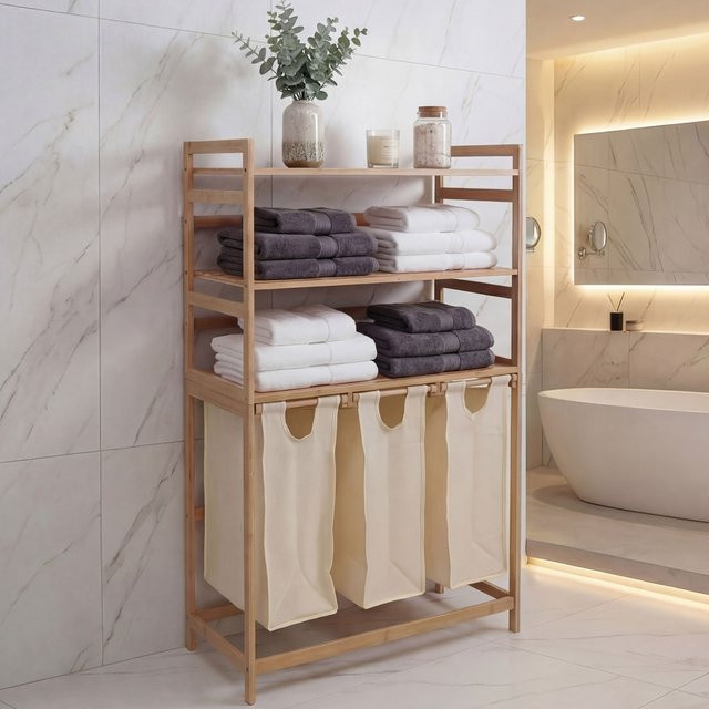 MCW Bambus Wäschesammler P78 Wäschesortierer mit 3 Ablagen, Beige, B: 125 cm, T: 40 cm, H: 80 cm - Bild 1