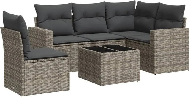 vidaXL 6-teilige Garten-Sofagarnitur aus Poly-Rattan in Grau mit Kissen und Hartglas-Tisch - Bild 1