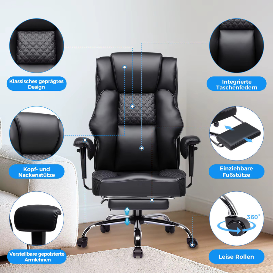 GTPLAYER Gaming Stuhl in Schwarz aus Kunstleder mit Kopfstütze, ergonomischer PC-Schreibtischstuhl mit Armlehnen und Drehfunktion - Bild 2