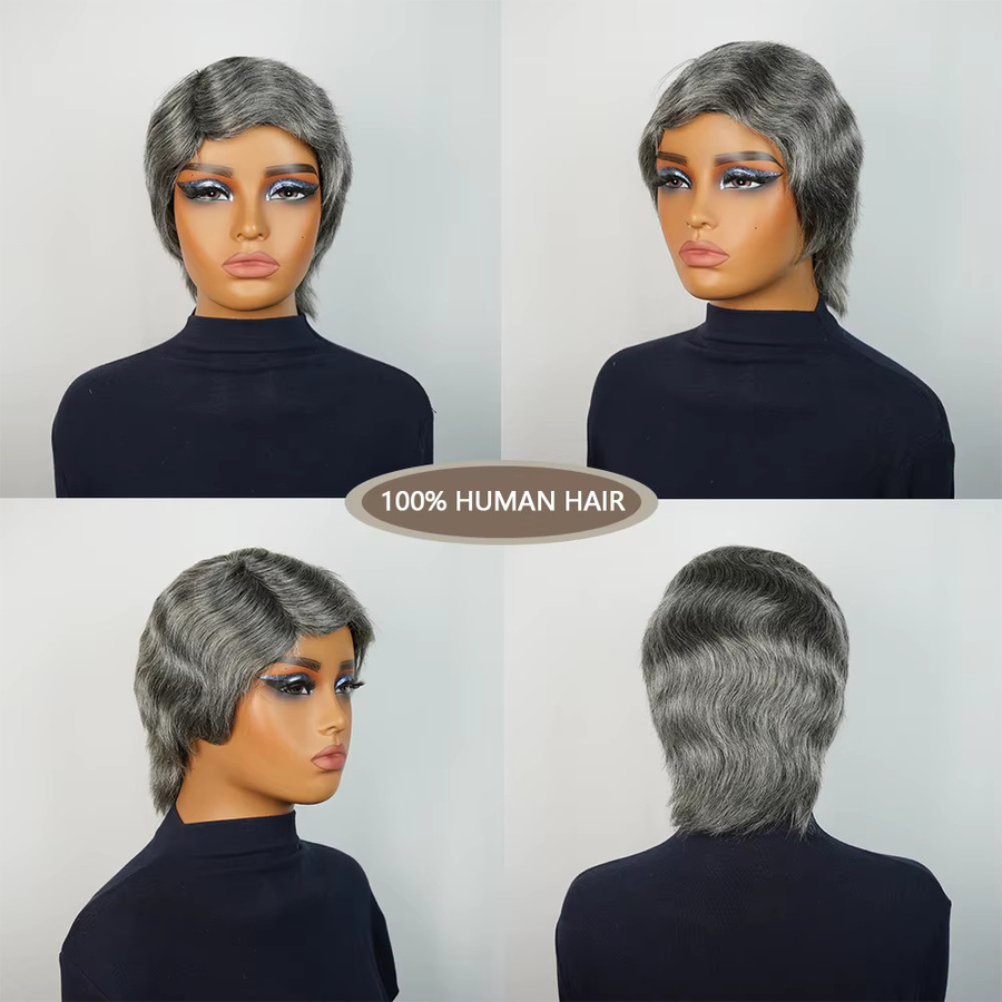 OYM HAIR Echthaar-Perücke, Pixie-Schnitt mit Pony, grau, Damen - Bild 4