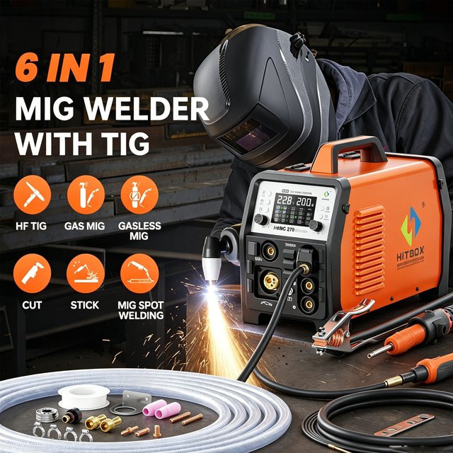 HITBOX HBMC270 6-in-1 Multiprozess-Schweißgerät mit MIG, TIG, MMA, Plasmaschneiden und Punktschweißen, tragbares Inverter-Schweißgerät für Aluminium, 220V - Bild 1