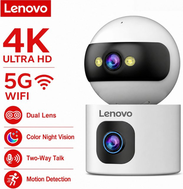 Lenovo 4K Innen-Doppellinsen-Überwachungskamera mit 360 Grad Rotation, 5G WLAN, Zwei-Wege-Audio und Bewegungserkennung in Weiß - Bild 1