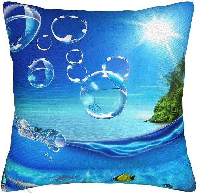 Quadratischer Kissenbezug von JMG Clothing im Frutiger Aero Design mit Kanagawa Wellen und Fischen, Farbe Blau, B/T/H: 40 x 40 cm oder 50 x 50 cm - Bild 1