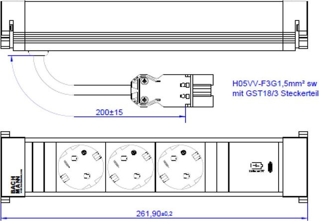 Bachmann Power Frame Steckdosenleiste Medium ALU Schwarz mit 3 Schutzkontaktsteckdosen, 1 USB-C 30W Charger und 0,2m Zuleitung - Bild 1