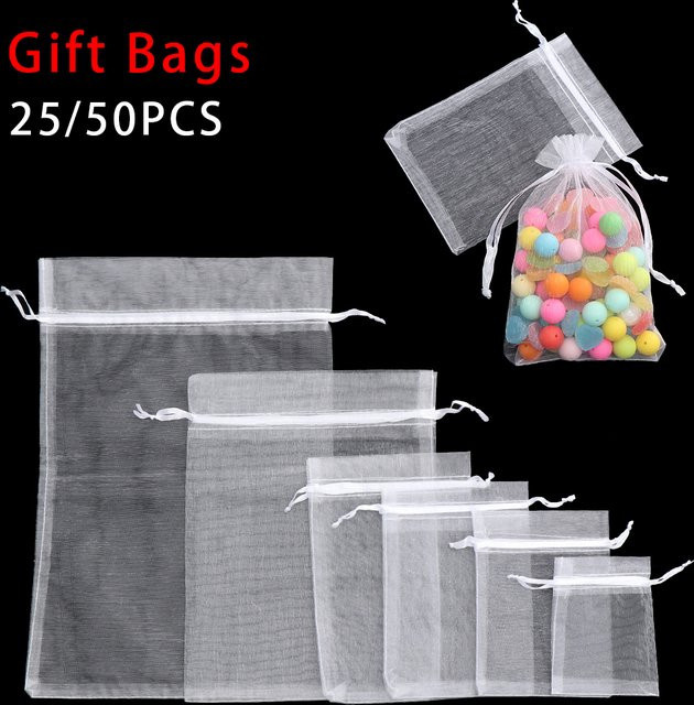 Weiße Organza-Geschenkbeutel mit Kordelzug zur Schmuckverpackung für Weihnachten und Partys - Bild 1