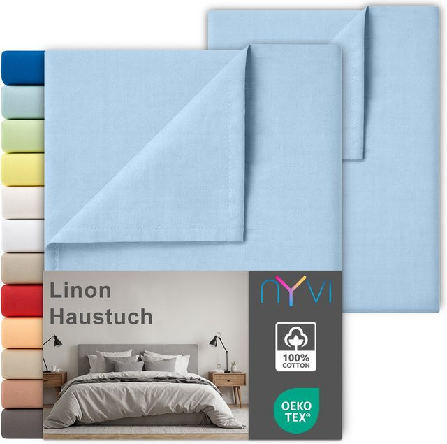 NYVI Linon Deluxe Bettlaken Set aus 100% atmungsaktiver Baumwolle, 2er Set, Farbe: Hellblau, Breite: 150 cm, Länge: 250 cm - Bild 1