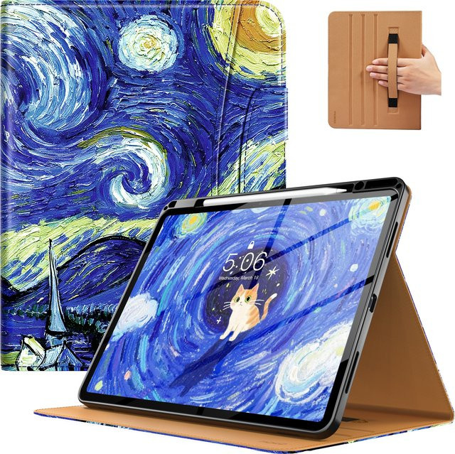Leder-Folio-Standhülle für iPad Air 13 Zoll (M4/M3/M2) von dadanism mit Stifthalter, Handschlaufe und Tasche in Braun und Multicolour - Bild 1