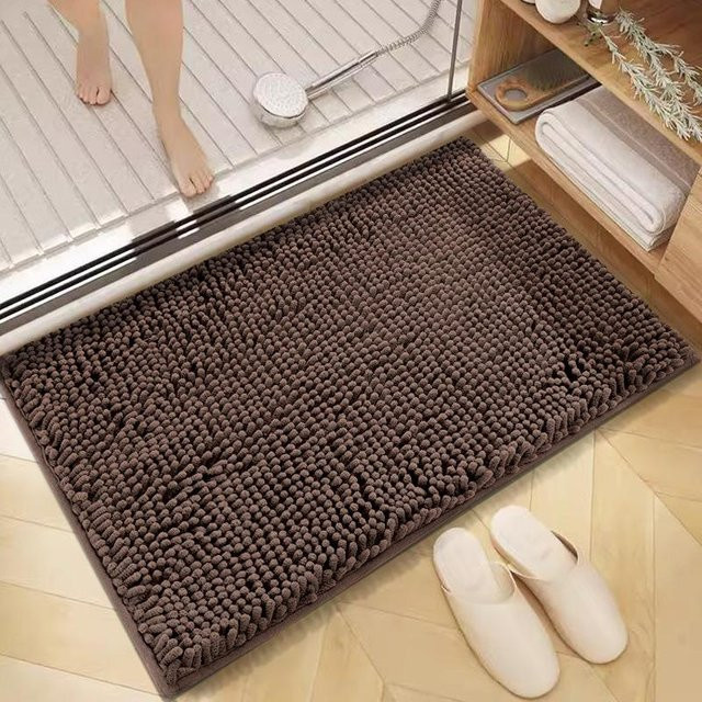 Rutschfeste Chenille-Fußmatte für das Badezimmer, feuchtigkeitsableitend, B/B: 40 x 60 cm, Farben: Rot und Braun - Bild 1