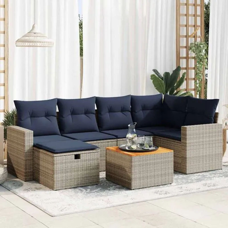 7-tlg. Garten-Sofagarnitur aus Poly-Rattan mit Kissen in Grau von vidaxl - Bild 1