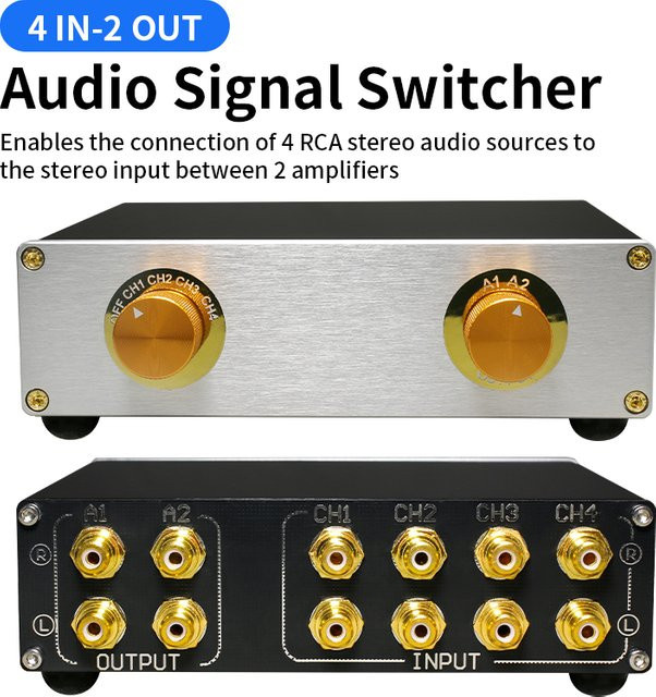 Heareal Passiver 4-in-2-out Audio-Schalter HiFi-Stereo-RCA-Signalwähler in Schwarz - Bild 1