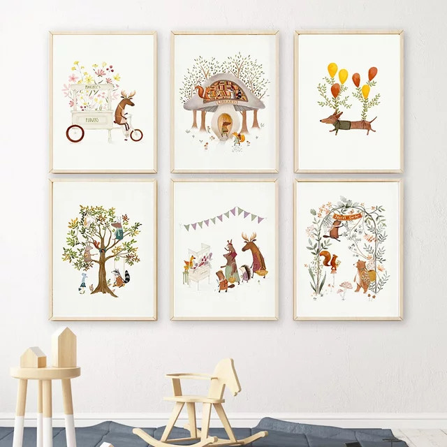 Potdemiel Leinwandposter mit Waldtieren und floralen Illustrationen in Mehrfarbig für Kinderzimmer und Wohnzimmer - Bild 1