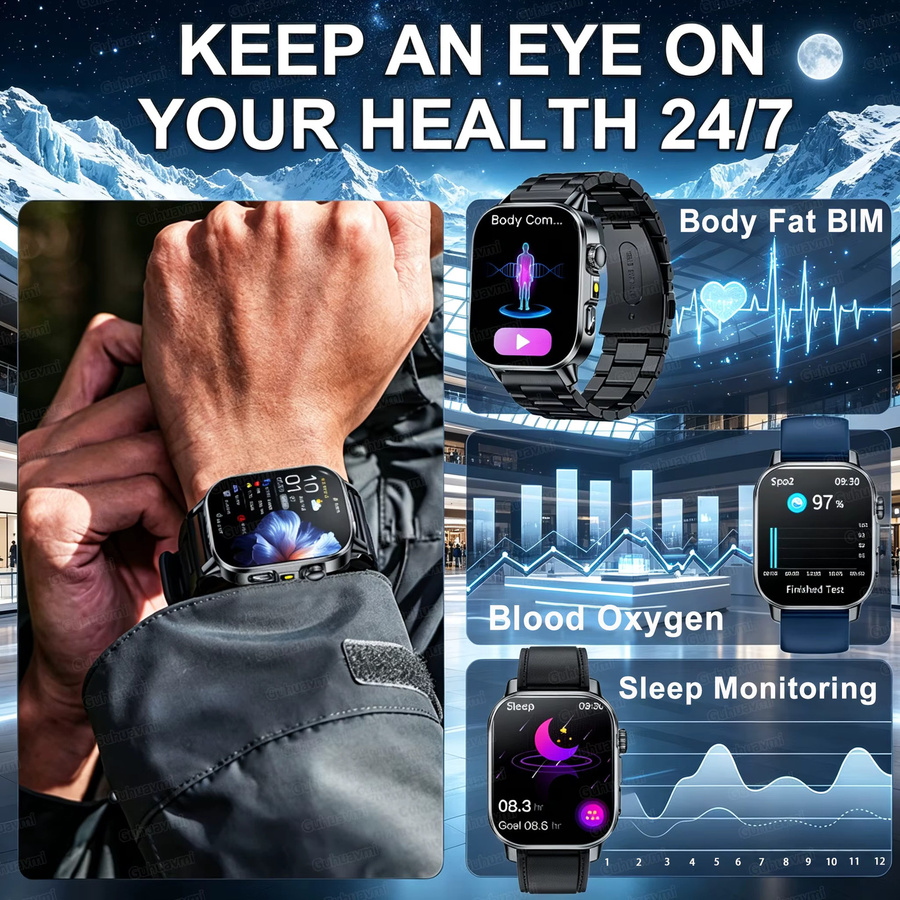 GUHUAVMI Smartwatch mit Harnsäure- und Lipid-Gesundheitsanalyse, EKG, PPG, Bluetooth-Anruf und 2,01 Zoll LED-Taschenlampe für Herren und Damen in Schwarz und Pink - Bild 3