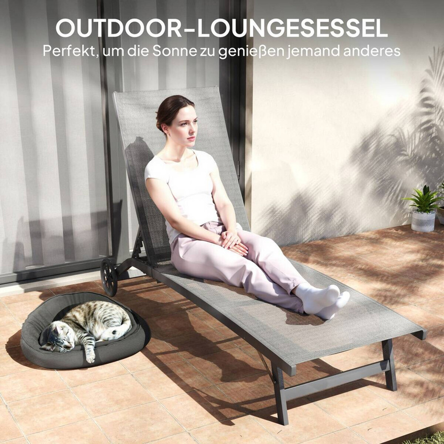 Outsunny Sonnenliege aus Aluminium in Grau mit verstellbarer Kopfstütze und Rollen, B/H/L: 165 x 102 x 66 cm - Bild 5