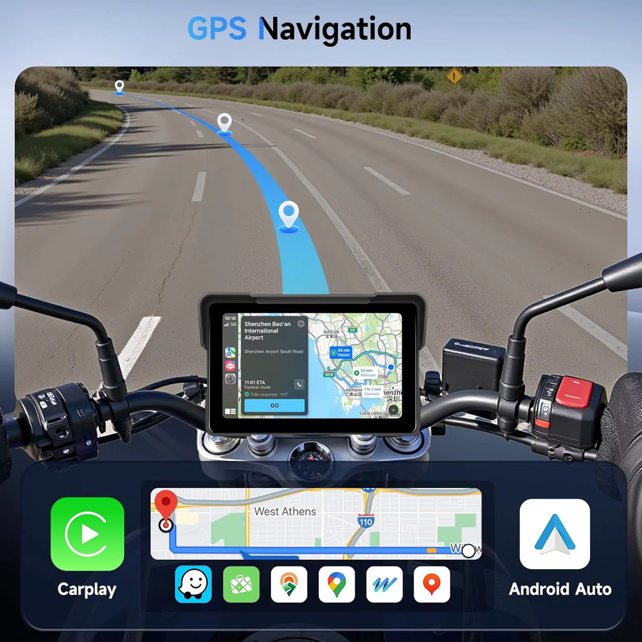 srnubi Tragbares Wasserdichtes Motorrad DVR mit GPS Navigation, Wireless CarPlay und Android Auto, Dual Bluetooth sowie TPMS, Schwarz, 5/7 Zoll - Bild 4
