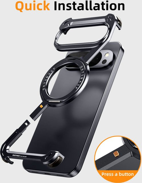 Oatsbasf Rahmenlose Metall-Handyhülle für Google Pixel 10 Pro und Google Pixel 10 Pro XL mit 360 Grad drehbarem Ständer und magnetischer kabelloser Ladefunktion in Schwarz - Bild 1