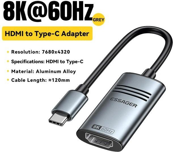 Essager HDMI-zu-USB-Typ-C-Adapter für iPhone, MacBook Pro Air und iPad, 8K@60Hz sowie 4K@120Hz/144Hz HD-TV-Kabelkonverter, grau - Bild 1