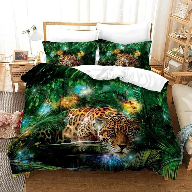 Binchi Outdoor Product Bettwäscheset mit Leoparden- und Panther-Muster, King-Queen-Size, Schwarz und Grün, Material: Mikrofaser-Polyester, Breite: 133 cm, Höhe: 70 cm - Bild 1