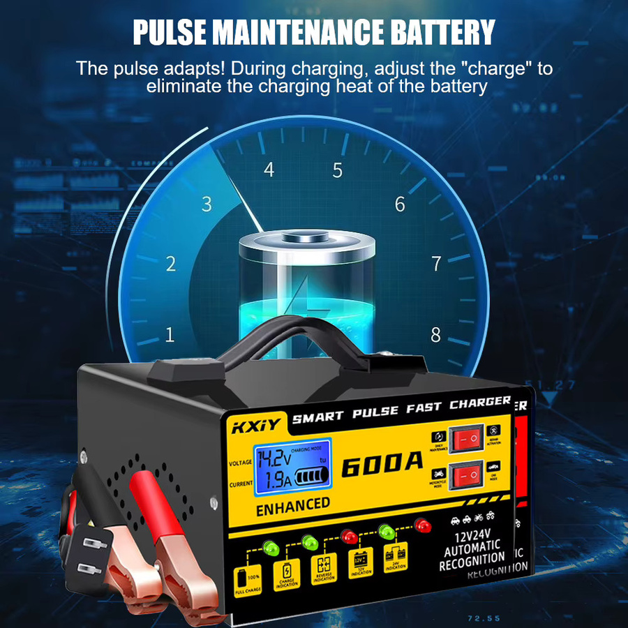 Intelligentes Autobatterie-Ladegerät mit Pulsreparatur und LCD-Display für 12 V und 24 V in Rot und Schwarz - Bild 5