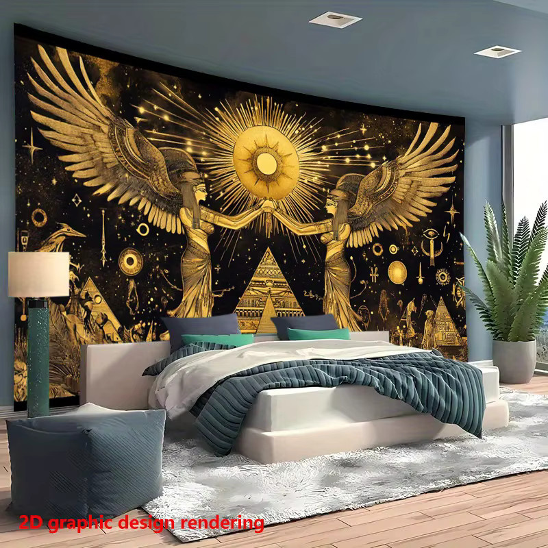 VIKAMA Wandteppich mit ägyptischer Göttin in Schwarz und Gold, Retro-Design mit Pyramide und Sonnengott-Motiv - Bild 3