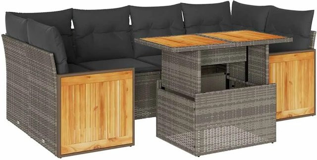 vidaXL 7-teilige Garten-Sofagarnitur aus Poly-Rattan und Akazienholz in Grau - Bild 1