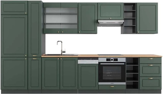 Vicco Fame-Line Küchenzeile Landhausstil in Grün, Gold und Anthrazit mit Eiche-Optik, Breite: 355 cm, Höhe: 206 cm, Tiefe: 51 cm - Bild 1