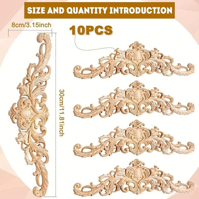 10 Stück WTEMPO Holzapplikationen floral in Braun, dekorative Onlays für Möbel zur DIY-Holzschnitzerei, B/H: 30 x 8 cm - Bild 1