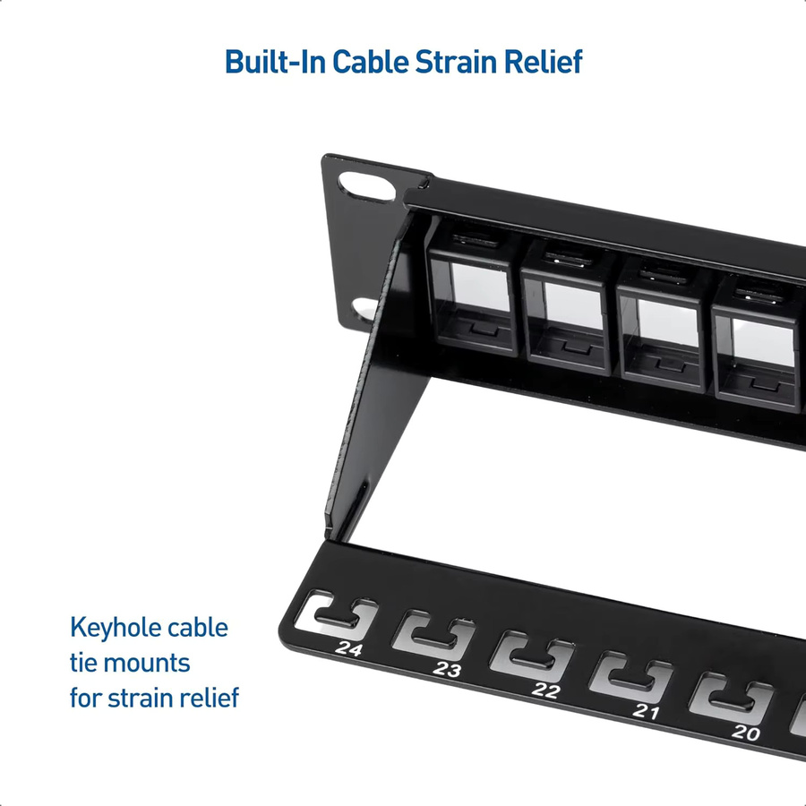 ZoeRax 24-Port RJ45 Netzwerk-Patchpanel 1U 19 Zoll, geschirmt, Schwarz, mit Kabelmanagement und Stützleiste - Bild 4