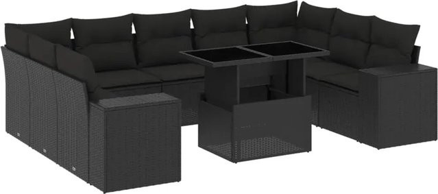vidaXL 10-tlg. Garten-Sofagarnitur in L-Form aus Poly-Rattan und pulverbeschichtetem Stahl mit Kissen in Schwarz - Bild 1
