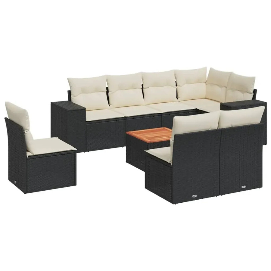vidaXL 9-teilige Garten-Sofagarnitur aus Poly-Rattan und Akazienholz in Schwarz-Creme mit Kissen - Bild 2