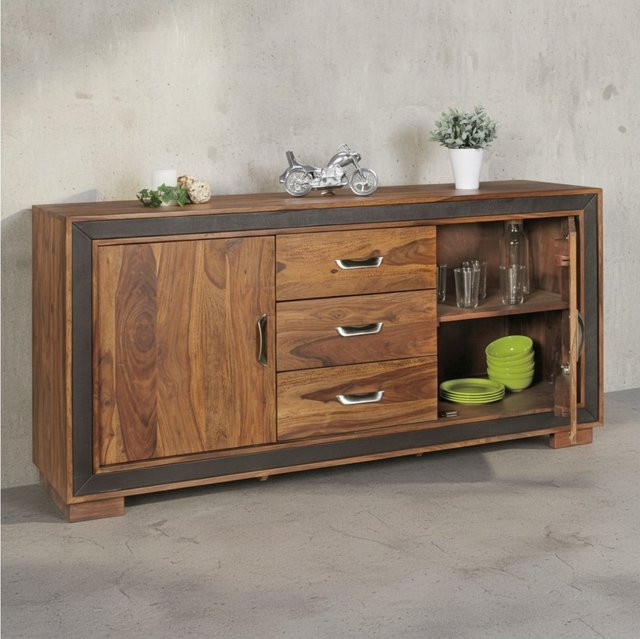KADIMA DESIGN Rustikales Sideboard aus Sheesham Massivholz und Kunstleder in Braun, B/T/H: 160 x 44 x 80 cm - Bild 1