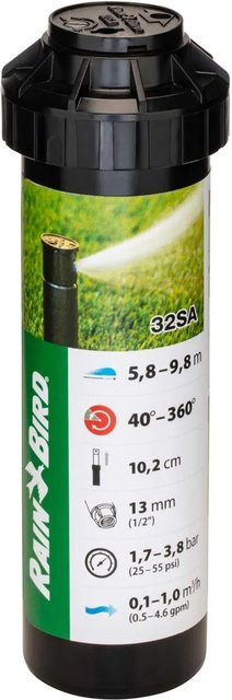Rain Bird Profi-Versenkregner 32 SA in Schwarz mit Rain Curtain-Düsentechnologie und einstellbarem Beregnungsbogen 40 bis 360 Grad, Anschluss 1/2 Zoll - Bild 1