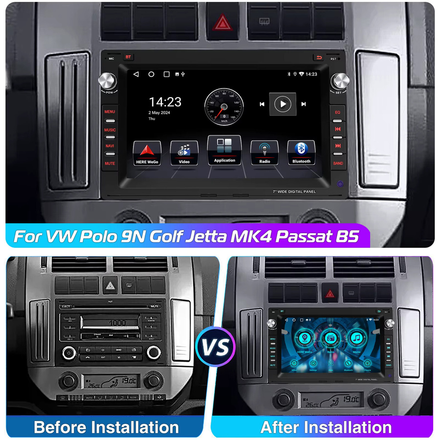 ESSGOO Android 15 Autoradio mit 7 Zoll Display, 64G Speicher, kabelloses CarPlay, Android Auto, GPS Navigation, Bluetooth und Lenkradsteuerung in Schwarz für VW Polo 9N, Golf 4, Passat B5, T5 Multivan und Seat Jetta - Bild 3