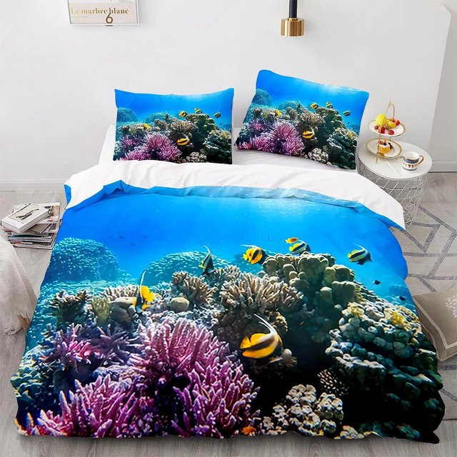 Binchi Fitness Bettwäscheset Blaues Meer mit 3D-Druck Delfinen und Haien aus Mikrofaser, B/H: 155 x 220 cm - Bild 1