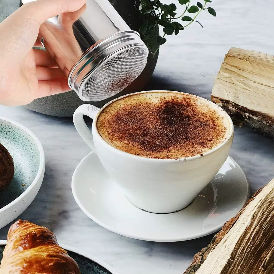YOCITY Edelstahl-Kaffeeshaker Set mit Sieb in Silber für Kakao, Schokolade und Puderzucker - Bild 3