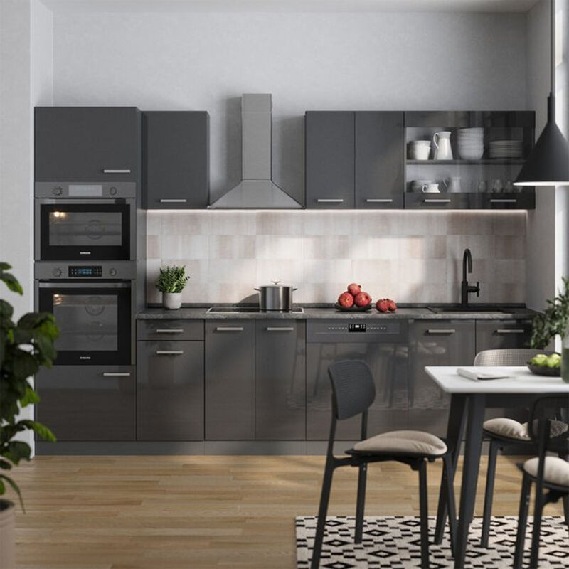 Vicco Küchenzeile R-Line in Anthrazit Hochglanz mit Hochschrank, Breite: 300 cm - Bild 1