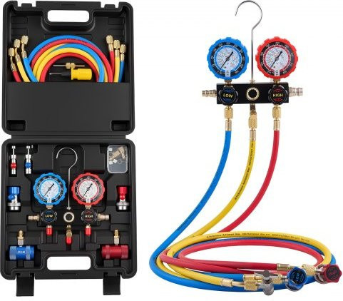 VEVOR AC Klimaanlagen-Manometer-Set für R134a R404A R1234yf R22 Kältemittel mit 1,5 m Schläuchen, Adaptern, Schnellkupplungen und Dosenanschlüssen für die Kfz-Klimaanlagen-Wartung in Multicolor - Bild 1