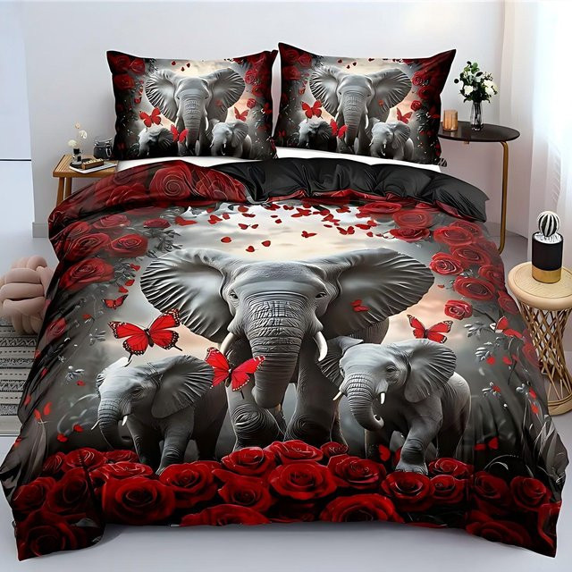 3D Elefant Bettwäsche Set aus Mikrofaser in Schwarz mit Motiv Tierwelt, 3-teilig, B/H: 180 x 210 cm - Bild 1