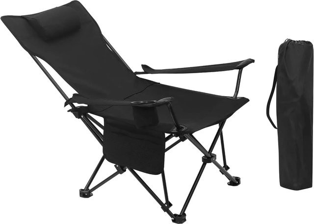 WOLTU Klappbarer Campingstuhl mit Getränkehalter und verstellbarer Kopfstütze, Schwarz, 600D Oxford-Gewebe und Stahlrohr - Bild 1