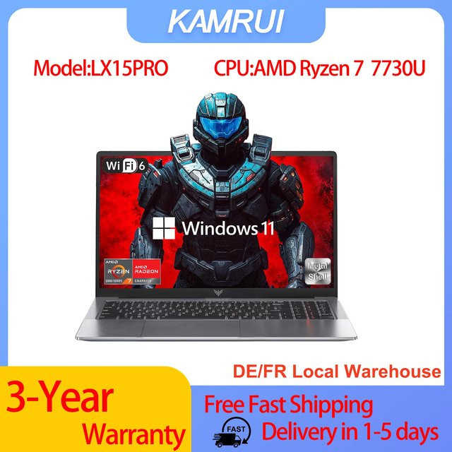 KAMRUI LX15PRO Gaming-Laptop mit AMD Ryzen 7 7730U, 15,6 Zoll Display, 16GB DDR4 RAM, 512GB SSD, WiFi 6 und Windows 11 - Bild 1