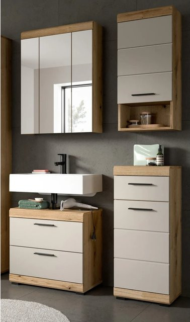 Inn.Furn Badmöbel Set Shawn in Sand und Eiche, 4-teilig mit Spiegelschrank, Waschbeckenunterschrank, Hängeschrank und Unterschrank, Breite: 112 cm - Bild 1