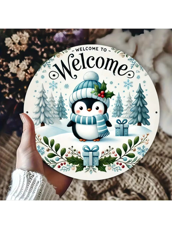 Rundes Metallwandschild von Potdemiel mit Pinguin in Winterkleidung, Mehrfarbig, Durchmesser: 20,32 cm - Bild 5