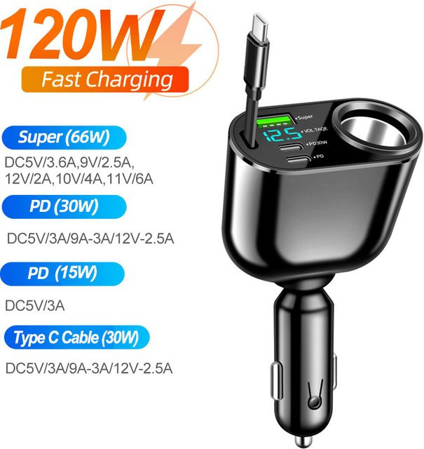 kebidumei 4-in-1 Autoladegerät mit Dual USB und Typ C Schnellladefunktion PD QC3.0 in Schwarz mit Spannungsanzeige für den Zigarettenanzünder - Bild 1