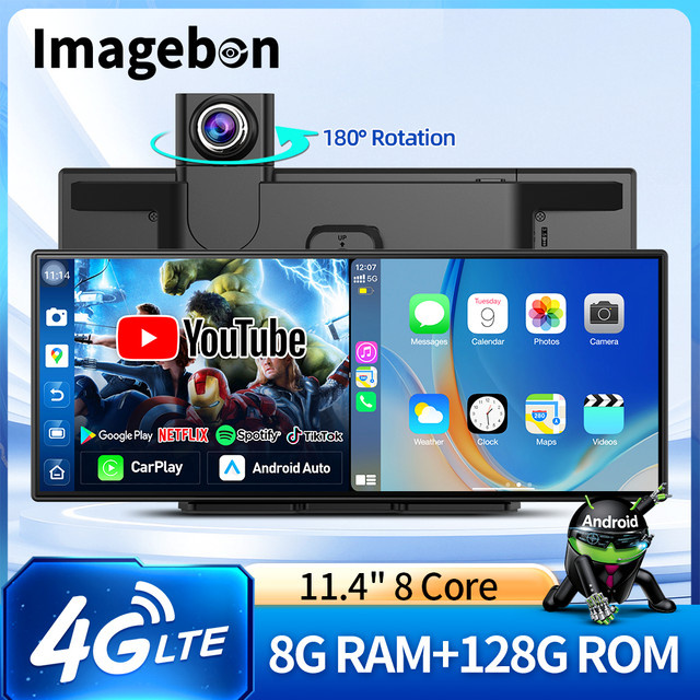 Imagebon 11,4 Zoll Android Dash Cam mit 4G LTE, 8 Kern Prozessor, 8+128GB Speicher, CarPlay & Android Auto sowie 24h Parküberwachung in Schwarz - Bild 1