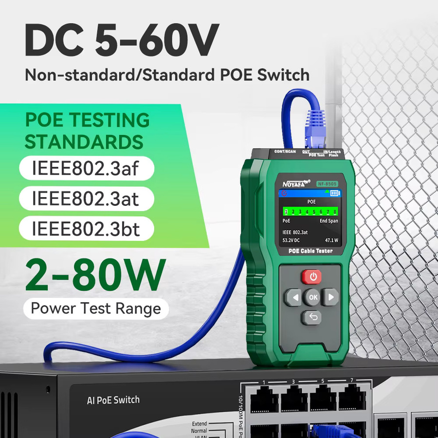 NOYAFA NF-8505 Netzwerkkabel-Tester mit LCD-Display, Kabel-Tracer, PoE-Prüfer und Kabelentfernungsmesser in Grün - Bild 5