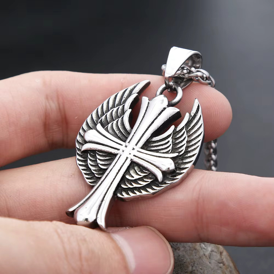 NORTHMAN Halskette, Kreuz mit Engelsflügeln, Edelstahl, Silber, Unisex - Bild 3