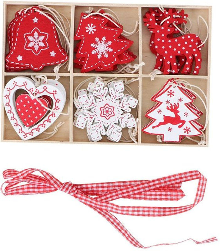 24 Stück CosyHome Weihnachts Hängeornamente aus Holz in Rot mit Rentier und Sternen im Landhausstil - Bild 1