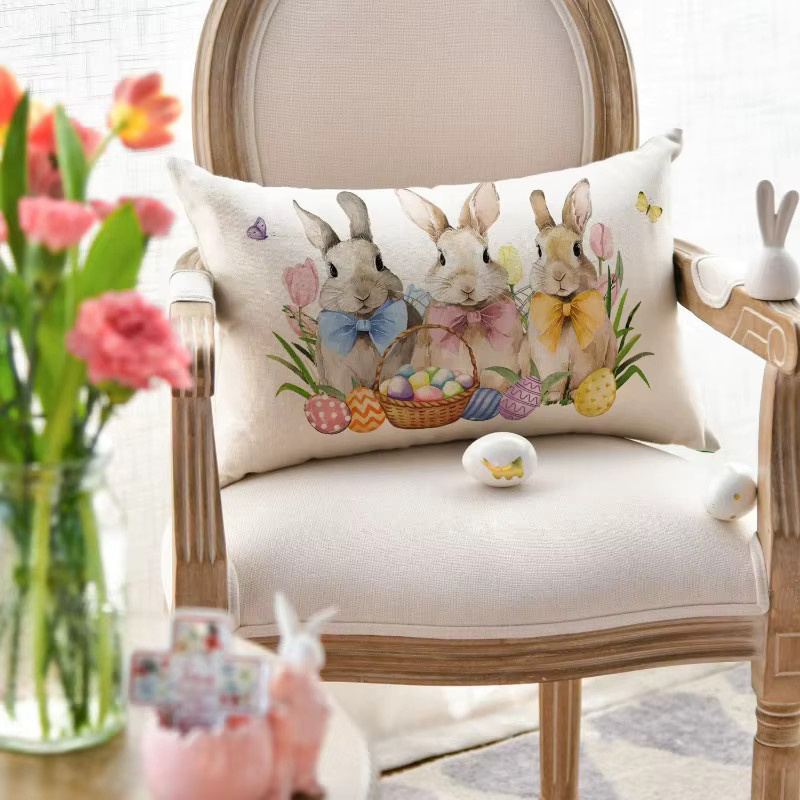 VIKAMA Kissenbezug mit Osterhasen- und Eierblumen-Motiv, rechteckig, mehrfarbig, Breite: 30 cm - Bild 2