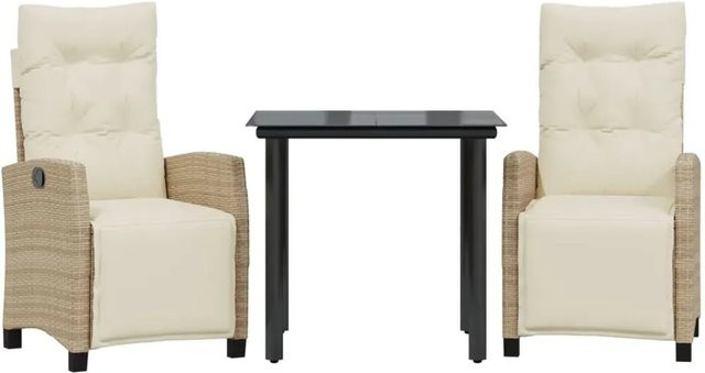 vidaXL 3-teilige Garten-Essgruppe aus Poly Rattan mit Kissen in Beige und Cremeweiß sowie Tisch mit gehärtetem Glas - Bild 1