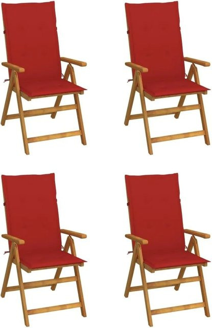 vidaXL Set aus 4 verstellbaren Hochlehner-Gartenstühlen aus Massivholz Akazie mit roten Auflagen - Bild 1